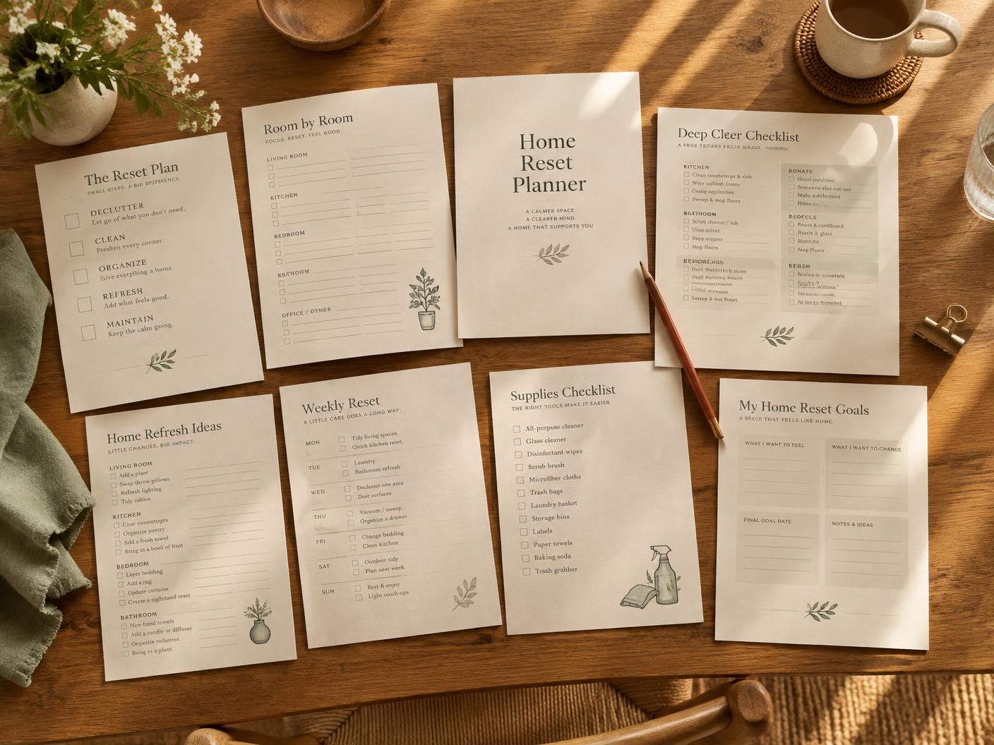 The printable House Reset planner pages arranged on a table